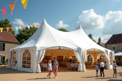 Tente gonflable blanche installée sur une place de village lors d'une fête estivale avec animations et familles