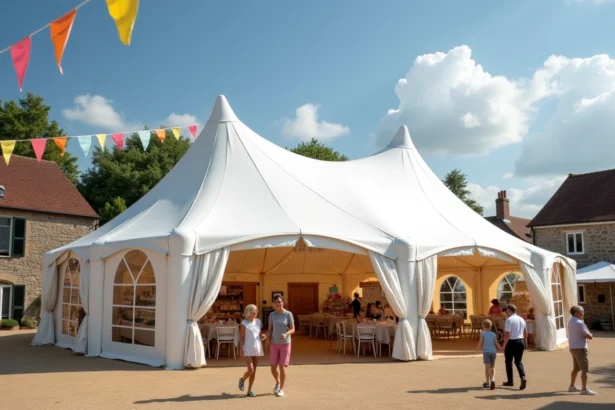Tente gonflable blanche installée sur une place de village lors d'une fête estivale avec animations et familles