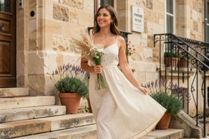 Femme en robe de lin ivoire pour un mariage civil en été devant une mairie en pierre
