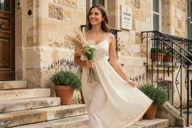 Femme en robe de lin ivoire pour un mariage civil en été devant une mairie en pierre