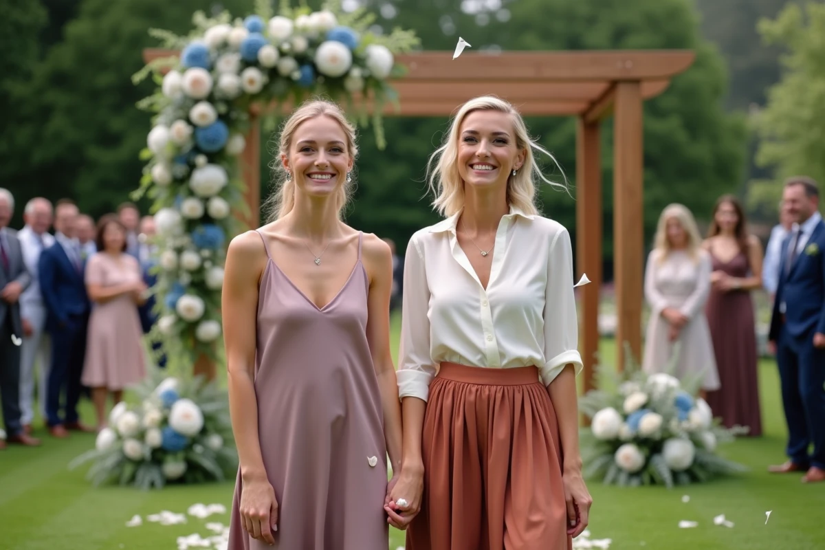 Deux femmes en robe mauve et tenue terracotta riant avec des confettis lors d'une cérémonie de mariage en jardin