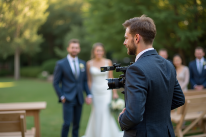 Jeune vidéaste en costume filmant un couple de mariage en plein air