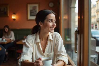 Femme brune souriante assise dans un café parisien, illustrant la vie amoureuse de Pauline Sanzey