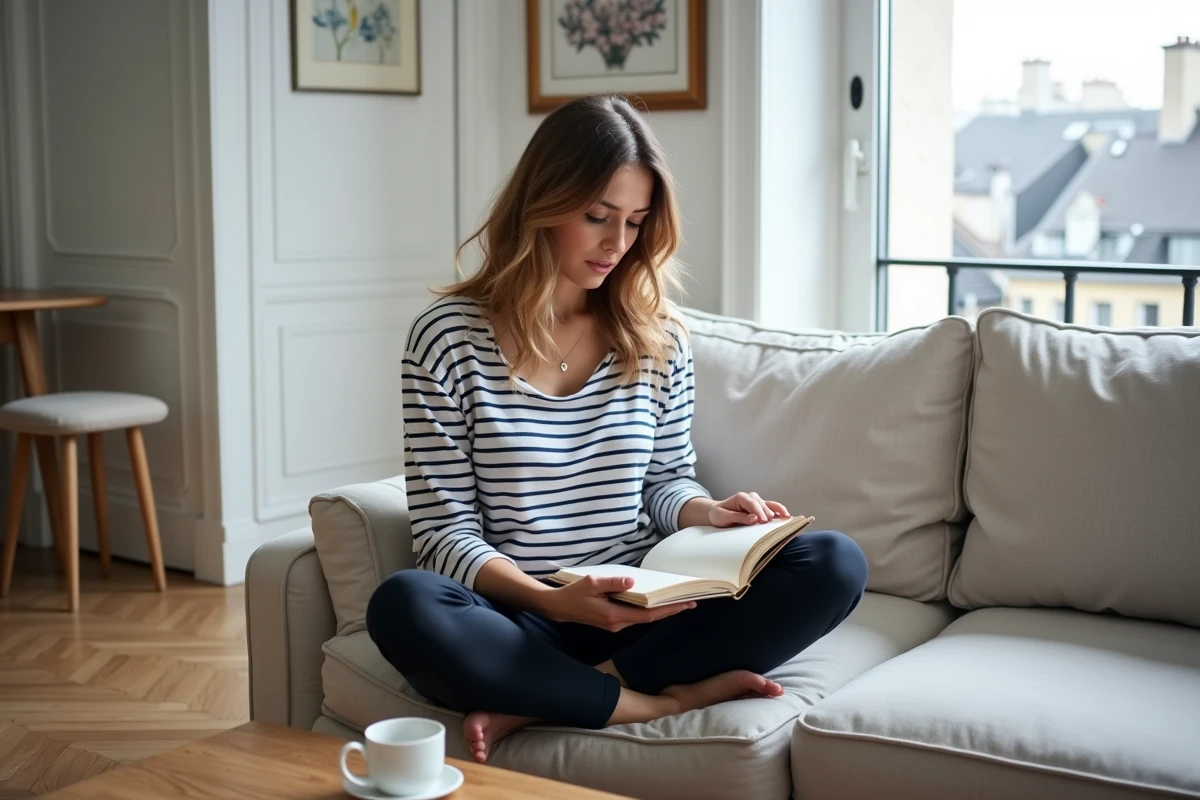 Femme lisant sur un canapé dans un appartement parisien moderne, évoquant l'intimité et la vie personnelle de Pauline Sanzey