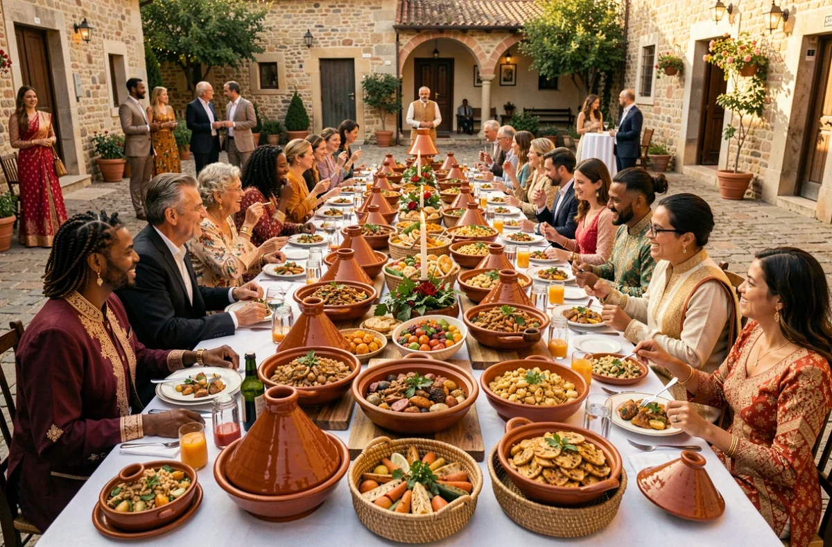 Festin de mariage multiculturel en plein air avec plats variés servis dans des céramiques traditionnelles