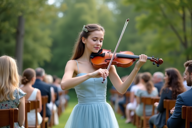 Jeune violoniste en robe bleue lors d'un mariage en extérieur