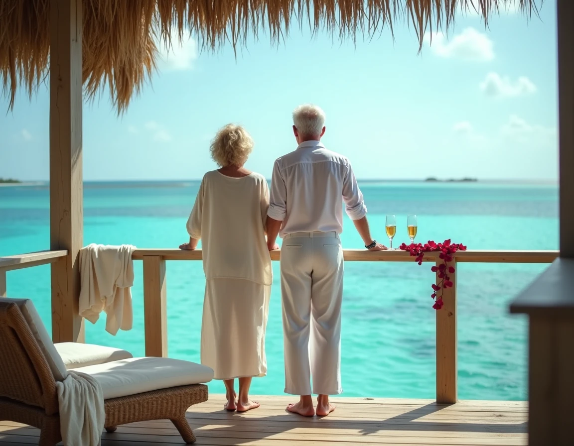 Couple en voyage romantique pour leurs 35 ans de mariage sur un bungalow sur pilotis dans un lagon tropical