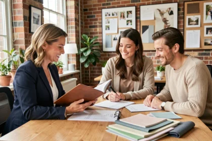 Wedding planner professionnelle présentant un budget mariage à un couple lors d'une consultation en bureau