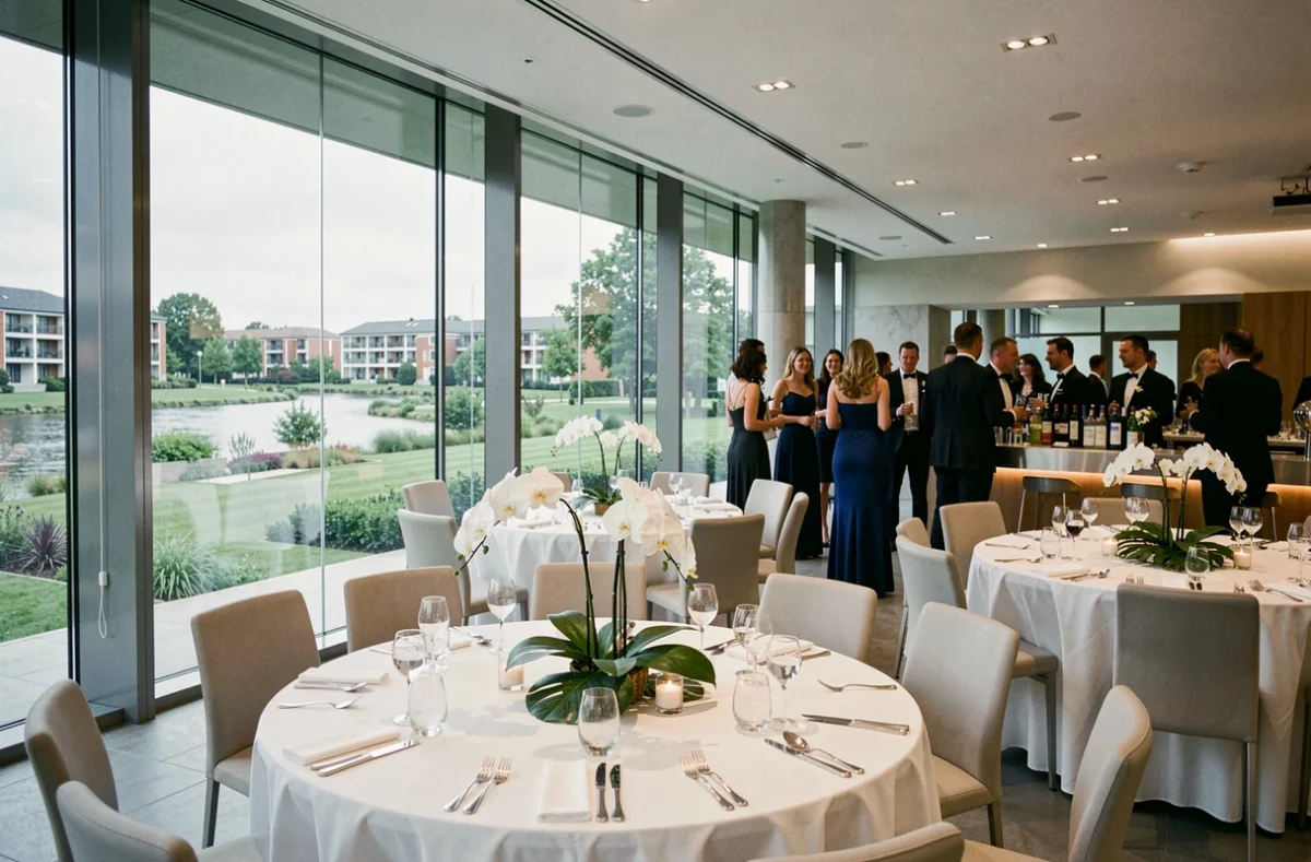 Salle de réception de mariage contemporaine au Westotel à La Chapelle-sur-Erdre avec vue sur l'Erdre et décoration minimaliste